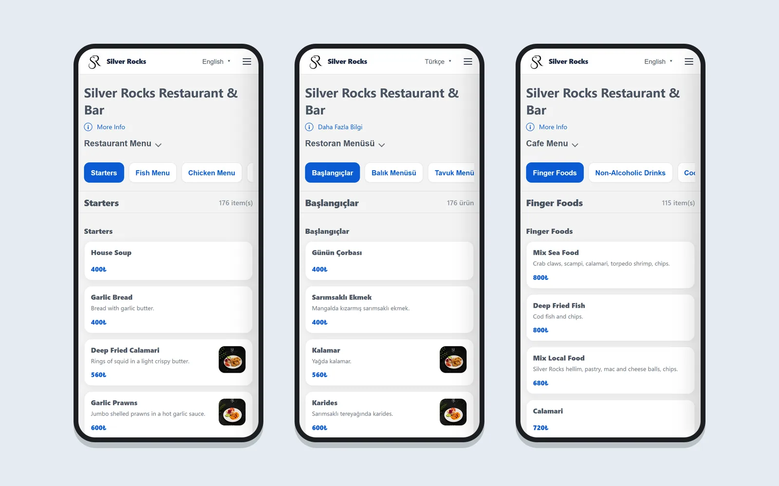 Three phone screens from the Silver Rocks digital menu: the restaurant menu in English, the same menu in Turkish, and the café menu